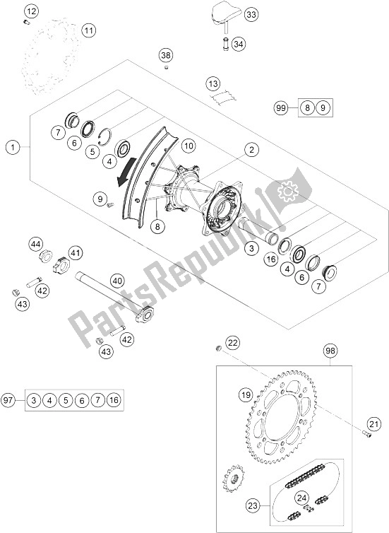Todas as partes de Roda Traseira do KTM 450 SX F Factory Edition USA 2016