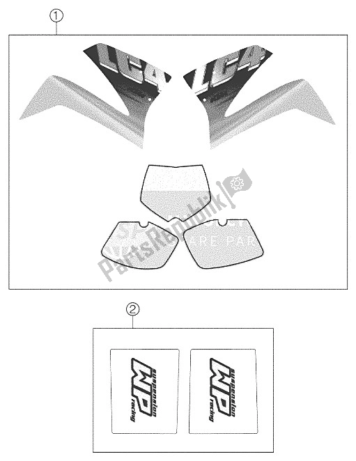 Tutte le parti per il Decalcomania 660 Sms 2002 del KTM 660 SM Factory Replica Europe 2002