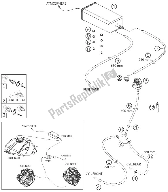 All parts for the Evaporative Canister of the KTM RC 8 Orange 08 PS 09 USA 1200 2008