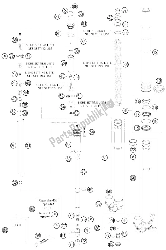 All parts for the Front Fork Disassembled of the KTM 250 SX F Europe 2008