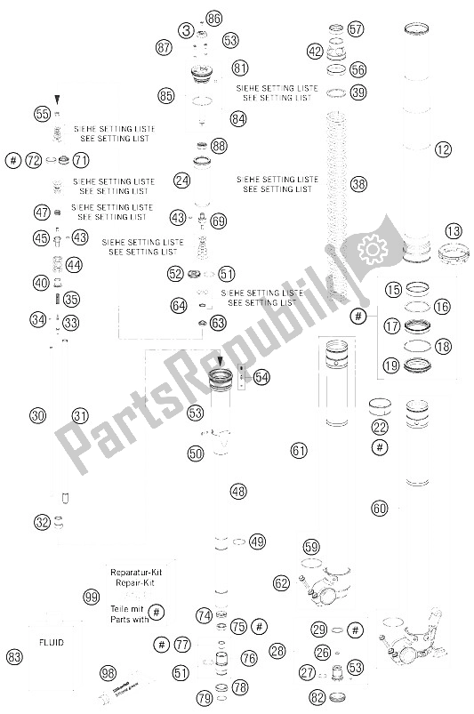 Todas las partes para Horquilla Delantera Desmontada de KTM 505 SX F Europe 2008