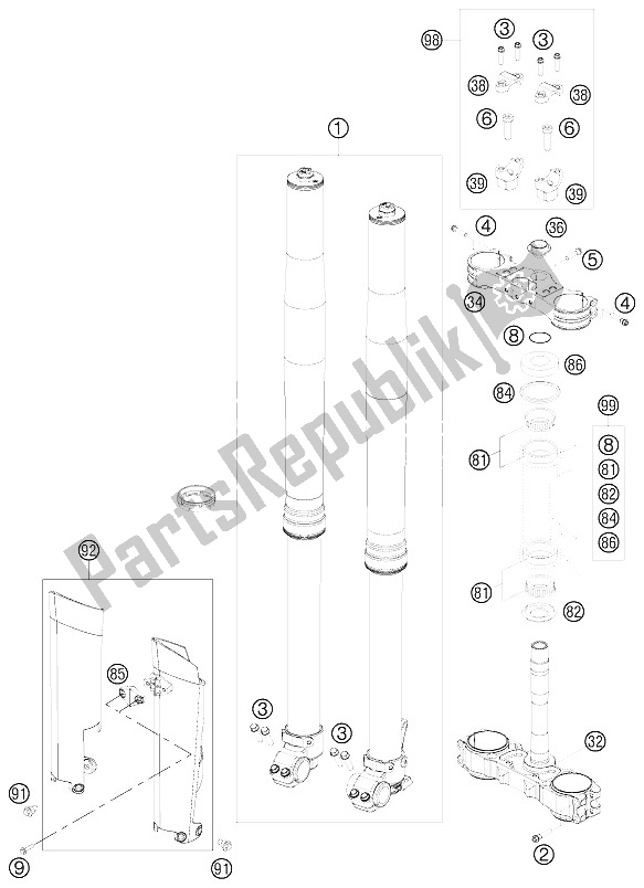 All parts for the Front Fork, Triple Clamp of the KTM 125 SX Europe 2012