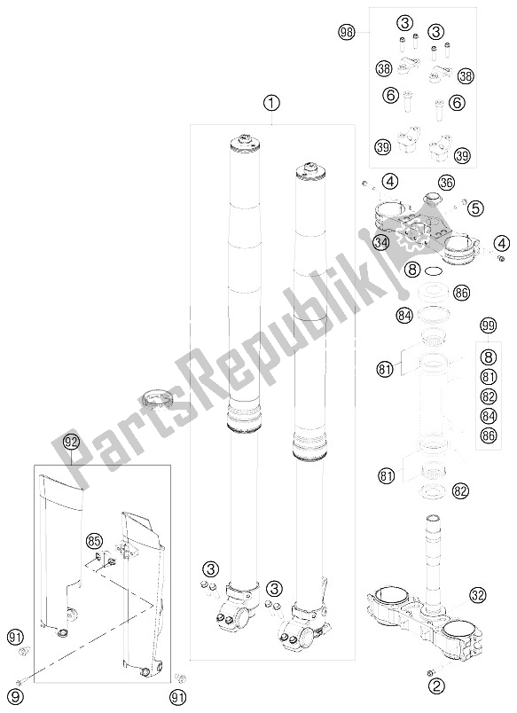 Alle onderdelen voor de Voorvork, Drievoudige Klem van de KTM 150 SX Europe 2012