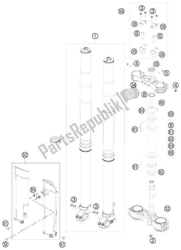 All parts for the Front Fork, Triple Clamp of the KTM 150 SX Europe 2012