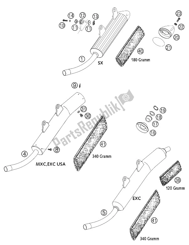 Todas las partes para Silenciador Principal 250-300 2002 de KTM 250 EXC Europe 2002