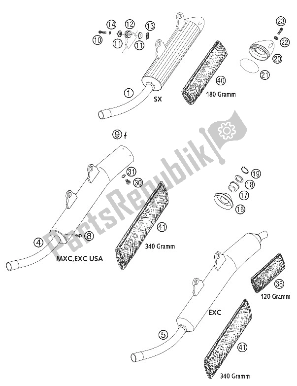 Tutte le parti per il Silenziatore Principale 250-300 2002 del KTM 300 EXC Australia 2002