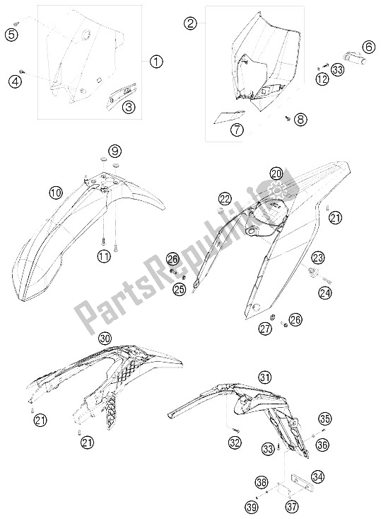 All parts for the Mask, Fenders of the KTM 125 EXC Europe 2009