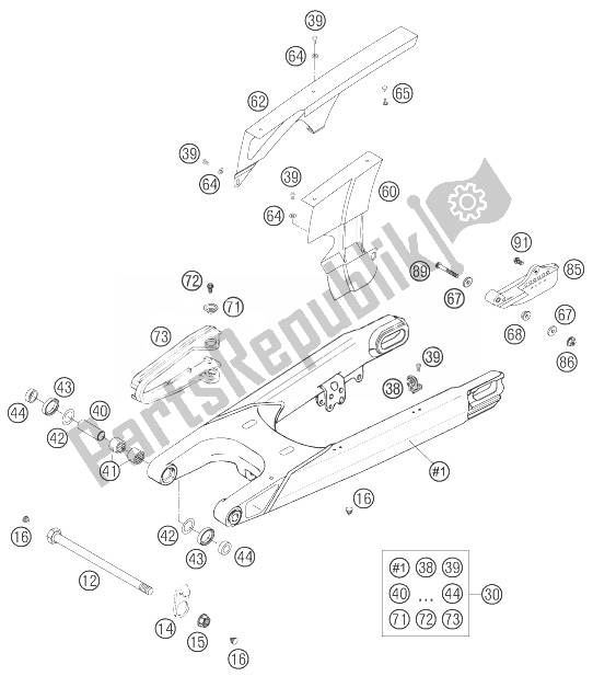 All parts for the Swingarm of the KTM 625 SXC Europe 2007