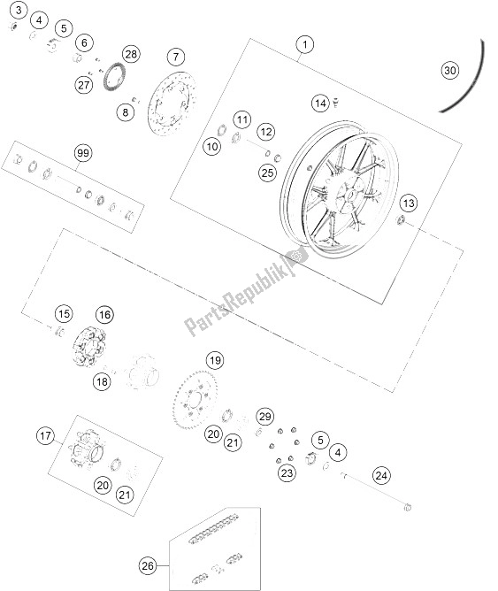 Toutes les pièces pour le Roue Arrière du KTM 390 Duke White ABS CKD Brazil 2016