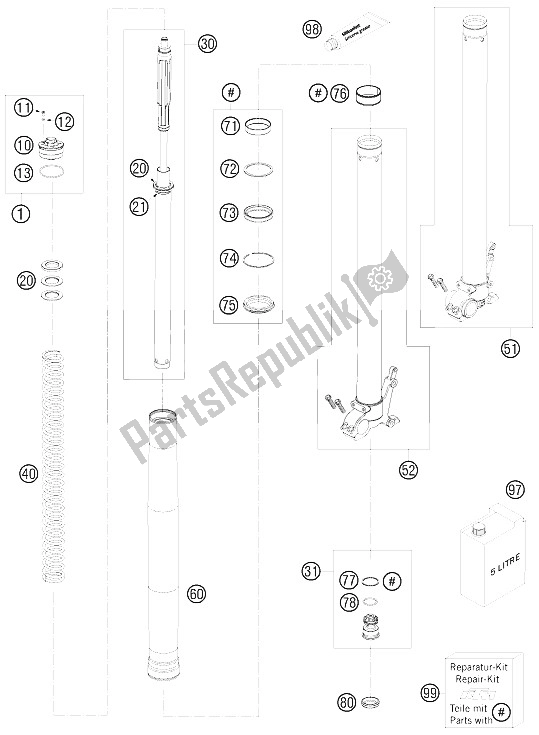 All parts for the Front Fork Disassembled of the KTM 990 Adventure Orange ABS USA 2008