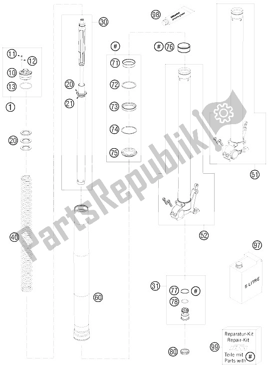 All parts for the Front Fork Disassembled of the KTM 990 Adventure S Australia United Kingdom 2008