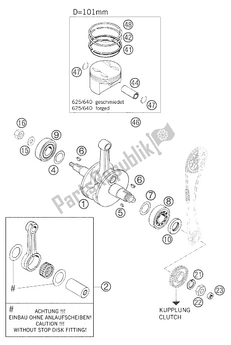 All parts for the Crankshaft - Piston 625 Sxc of the KTM 640 LC4 Supermoto Orange 05 Europe 2005