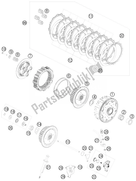 All parts for the Clutch of the KTM 450 EXC Australia 2010