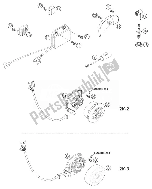 Tutte le parti per il Accensione Sys. Kokusan 2k-2 / 2k-3 del KTM 300 EXC Europe 2003