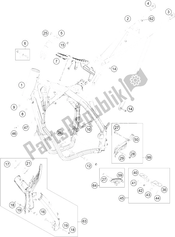 All parts for the Frame of the KTM 200 EXC Australia 2016