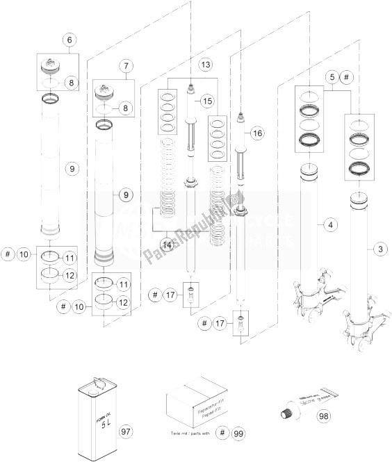 All parts for the Front Fork Disassembled of the KTM 1290 Superduke R Black ABS 14 Australia 2014