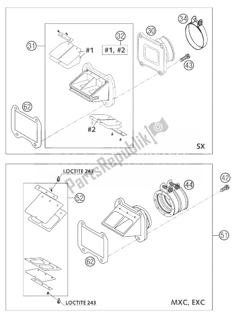 All parts for the Reed Valve Housing 250/300 of the KTM 250 EXC Australia 2004