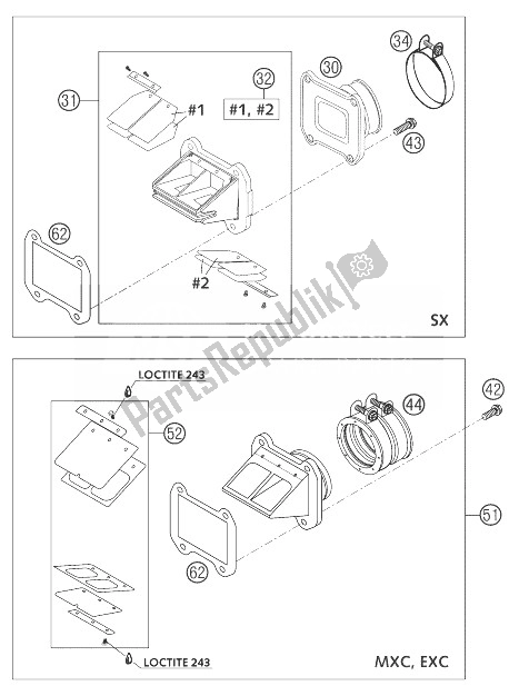 All parts for the Reed Valve Housing 250/300 of the KTM 250 EXC Europe 2004