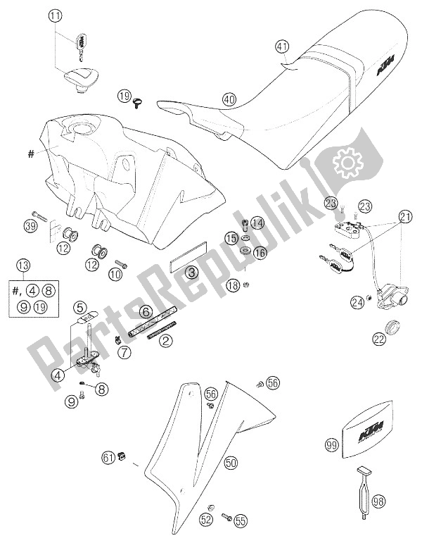 Tutte le parti per il Serbatoio Carburante, Sedile, Coperchio 640 Duk del KTM 640 Duke II Orange Australia 2002