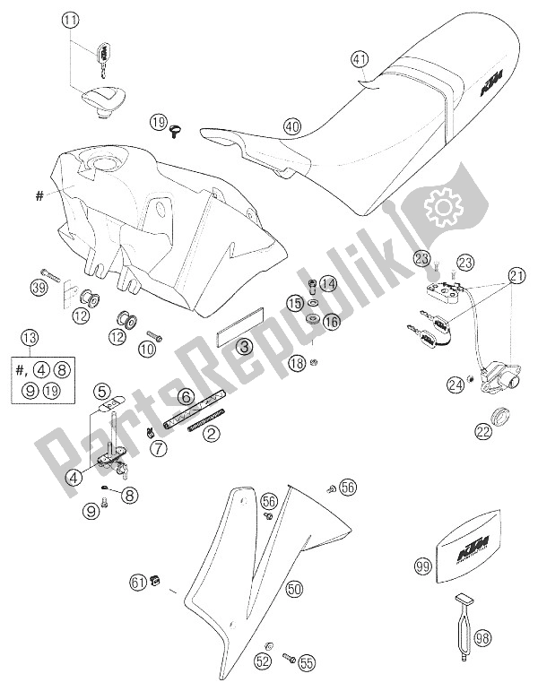 All parts for the Fuel Tank, Seat, Cover 640 Duk of the KTM 640 Duke II Orange United Kingdom 2002