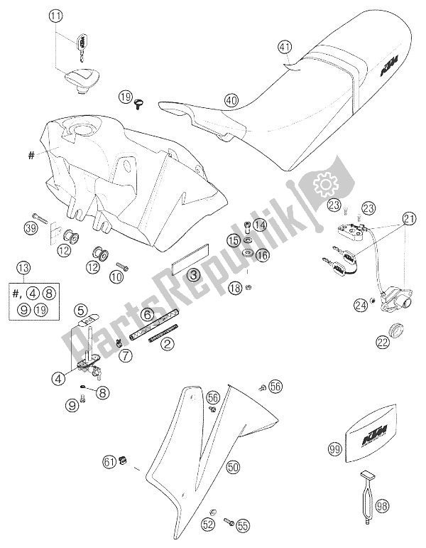 Alle onderdelen voor de Brandstoftank, Stoel, Deksel 640 Duk van de KTM 640 Duke II Schwarz Europe 2002