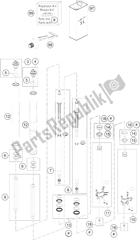 All parts for the Front Fork Disassembled of the KTM 1190 Adventure ABS Grey CKD 15 Brazil 2015