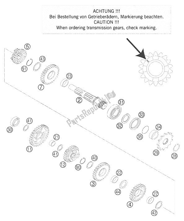 All parts for the Gearbox Ii - Shaft Transmission Output of the KTM 200 EXC Europe 2005