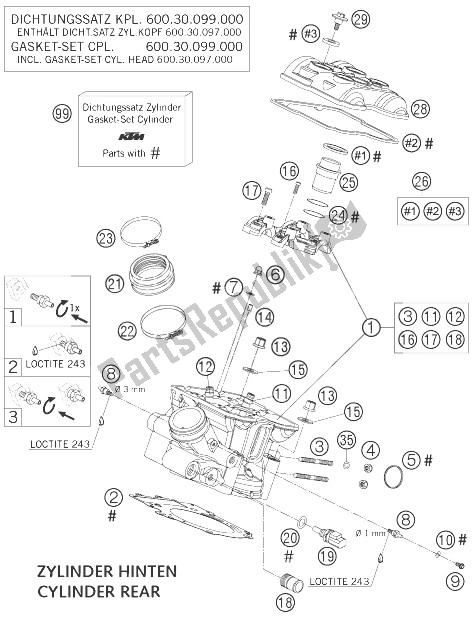 All parts for the Cylinder Head Rear Lc8 of the KTM 1300 RC 8 Europe 2007