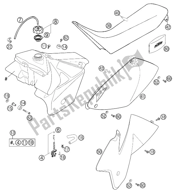 Tutte le parti per il Serbatoio, Sedile, Coperchio Rac. Exc / Mxc del KTM 250 EXC Racing USA 2002