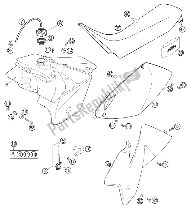 Todas las partes para Tanque, Asiento, Tapa Rac. Exc / Mxc de KTM 520 MXC Racing USA 2002