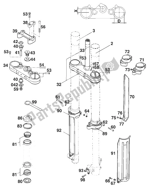 All parts for the Front Fork - Steering Stem Exc,egs of the KTM 400 EGS WP 30 KW 11 LT Viol Europe 1996