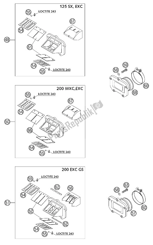 All parts for the Reed Valve Housing Cpl. 125/200 of the KTM 125 EXC Australia 2002