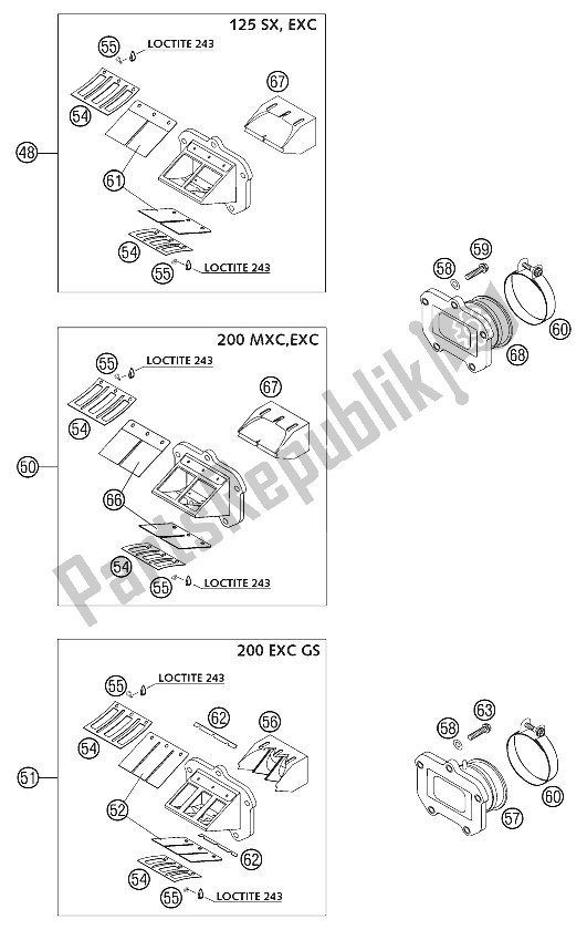 Tutte le parti per il Corpo Valvola Lamellare Cpl. 125 / 200 del KTM 200 EXC SGP GS Asia 2002