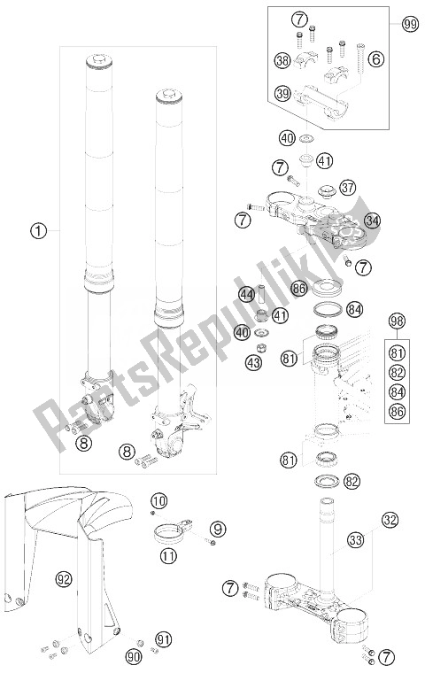 Tutte le parti per il Forcella Anteriore, Pinza Tripla del KTM 690 Supermoto Prestige Europe 2007