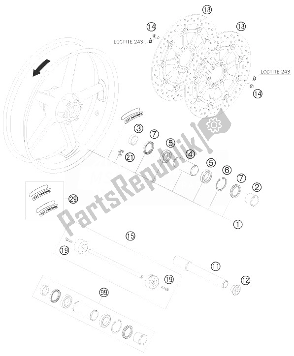 All parts for the Front Wheel of the KTM 990 Super Duke R France 2010