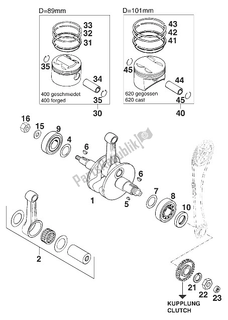 Toutes les pièces pour le Vilebrequin - Piston Lc4-e `97 du KTM 400 EGS E 11 LT Orange Europe 1997