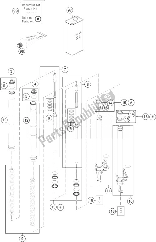 All parts for the Front Fork Disassembled of the KTM 1190 Adventure R ABS China 2014