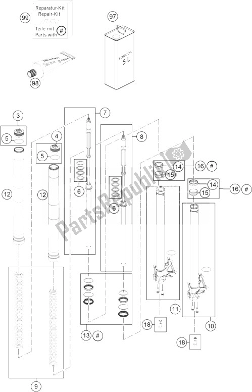 All parts for the Front Fork Disassembled of the KTM 1190 Adventure R ABS Japan 2014