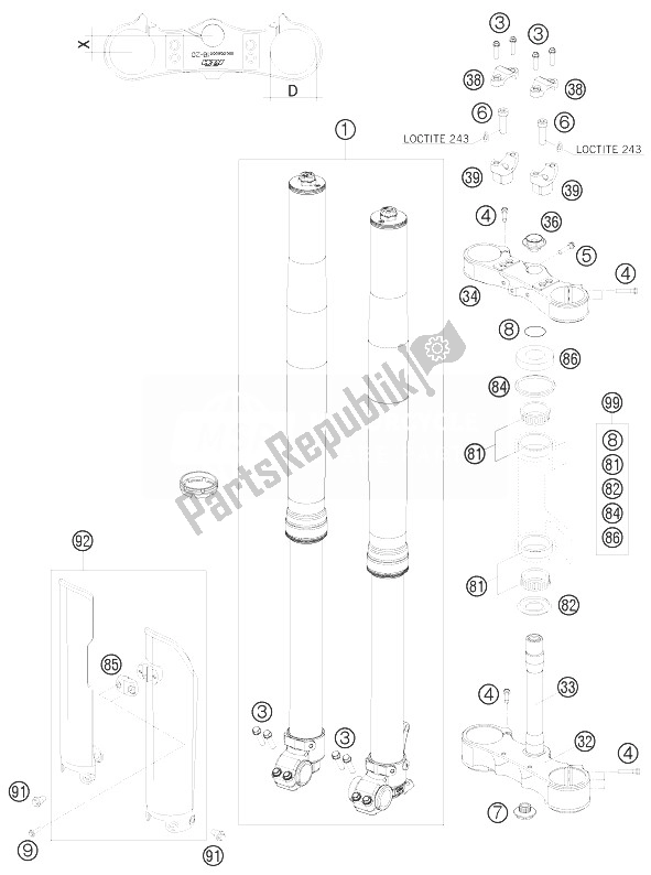 All parts for the Front Fork, Triple Clamp of the KTM 450 SMR Europe 2010