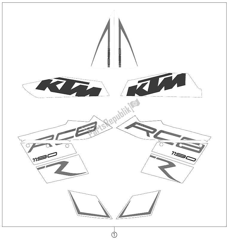 Tutte le parti per il Decalcomania del KTM 1190 RC8 R Black USA 2011