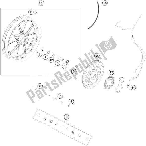 All parts for the Front Wheel of the KTM RC 390 White ABS CKD 15 Brazil 2015