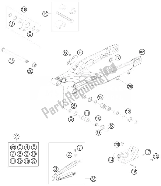 All parts for the Swingarm of the KTM 125 SXS Europe 2007