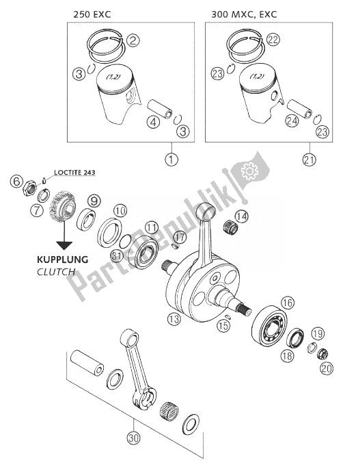 All parts for the Crankshaft, Piston 250/300 of the KTM 250 EXC USA 2003