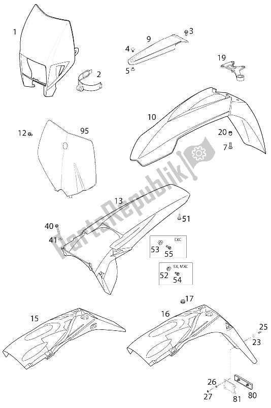 All parts for the Mudguard 400/520 Racing 2000 of the KTM 520 EXC Racing Europe 2001