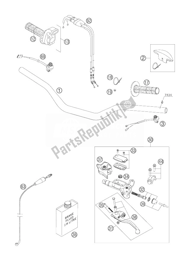 All parts for the Handlebar, Controls of the KTM 250 XCF W USA 2007