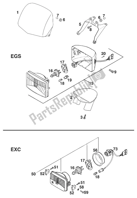 Tutte le parti per il Maschera - Faro Anteriore '96 del KTM 620 EGS WP 37 KW 20 LT Viol Europe 1996