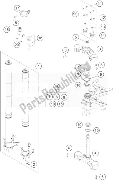 All parts for the Front Fork, Triple Clamp of the KTM 1190 Adventure ABS Grey Japan 2013