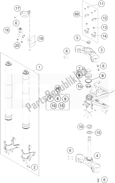 All parts for the Front Fork, Triple Clamp of the KTM 1190 Adventure ABS Orange Europe 2013