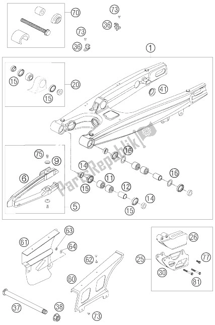 All parts for the Swing Arm of the KTM 400 EXC Racing Europe 2007