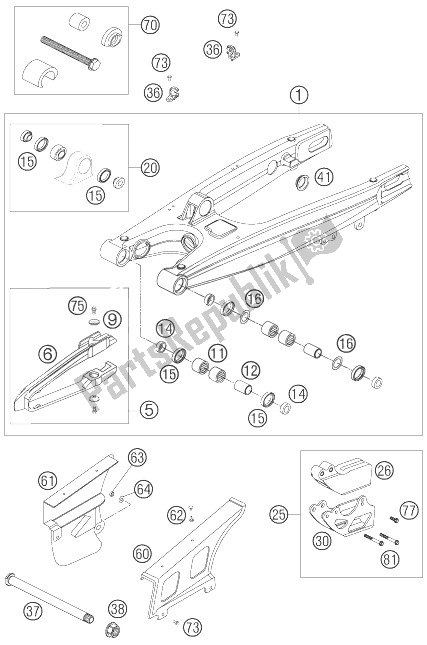 All parts for the Swing Arm of the KTM 450 EXC Racing Europe 2007